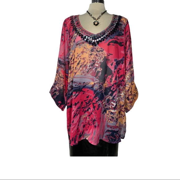 FOLIA Pink Multicoloured  3/4 Sleeves  Long Blouse Size M - Picture 5 of 8